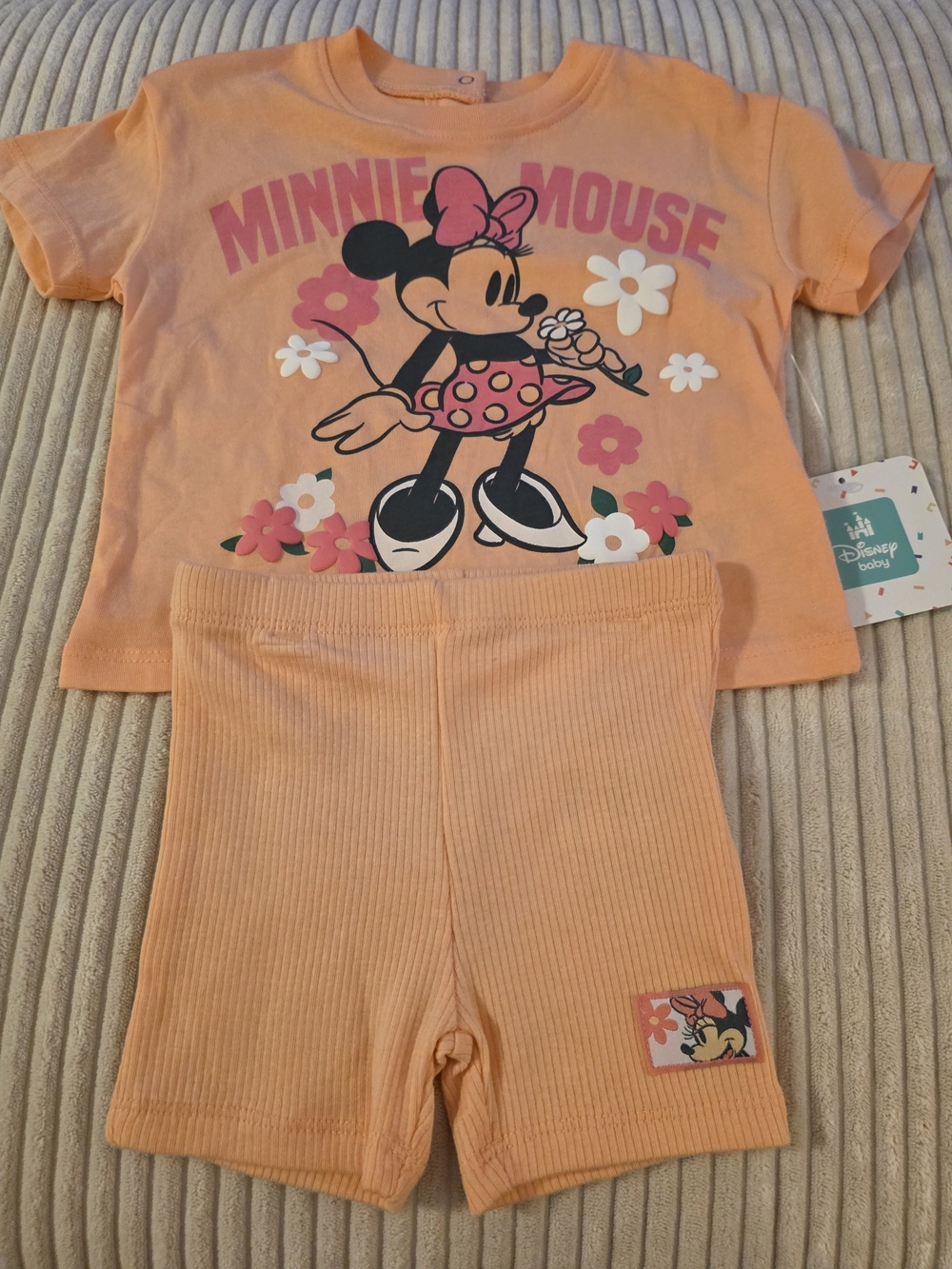 Disney Peach Minnie Mouse Short Sleeve Set with Pink and White Details